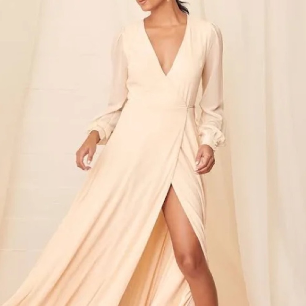 Lulus Size Small My Whole Heart Cream Long Sleeve Wrap Maxi Dress